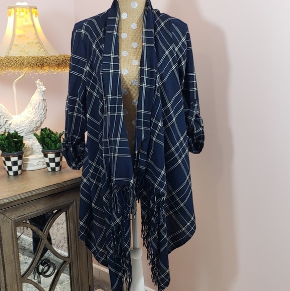En Creme plaid fringe kimono medium - Picture 1 of 6
